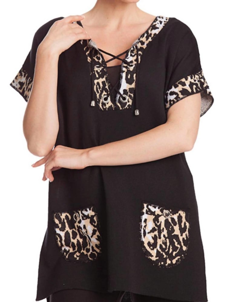 Front of a model wearing a size XL Leopard Tie Up Poncho in Black/Champagne in Black/Champagne by ANGEL. | dia_product_style_image_id:327539